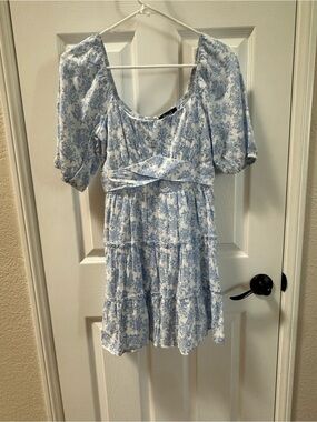 Trixxi White Dress with Light Blue Floral Print, puff sleeves mini dress summer